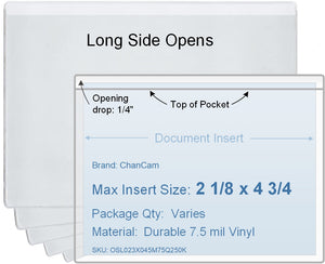 ChanCam vinyl sleeve, open long side, insert size: 4 3/4 x 2 1/8, product size: 5 x 2 3/8, package quantity 100, 7.5 mil clear vinyl