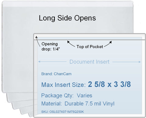 ChanCam vinyl sleeve, open long side, insert size: 3 3/8 x 2 5/8, product size: 3 5/8 x 2 7/8, package quantity 100, 7.5 mil clear vinyl