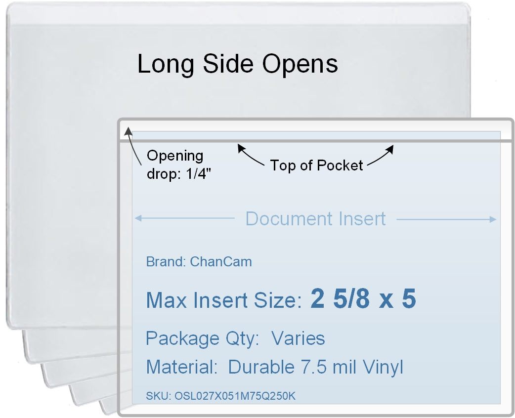 ChanCam vinyl sleeve, open long side, insert size: 5 x 2 5/8, product size: 5 1/4 x 2 7/8, package quantity 100, 7.5 mil clear vinyl