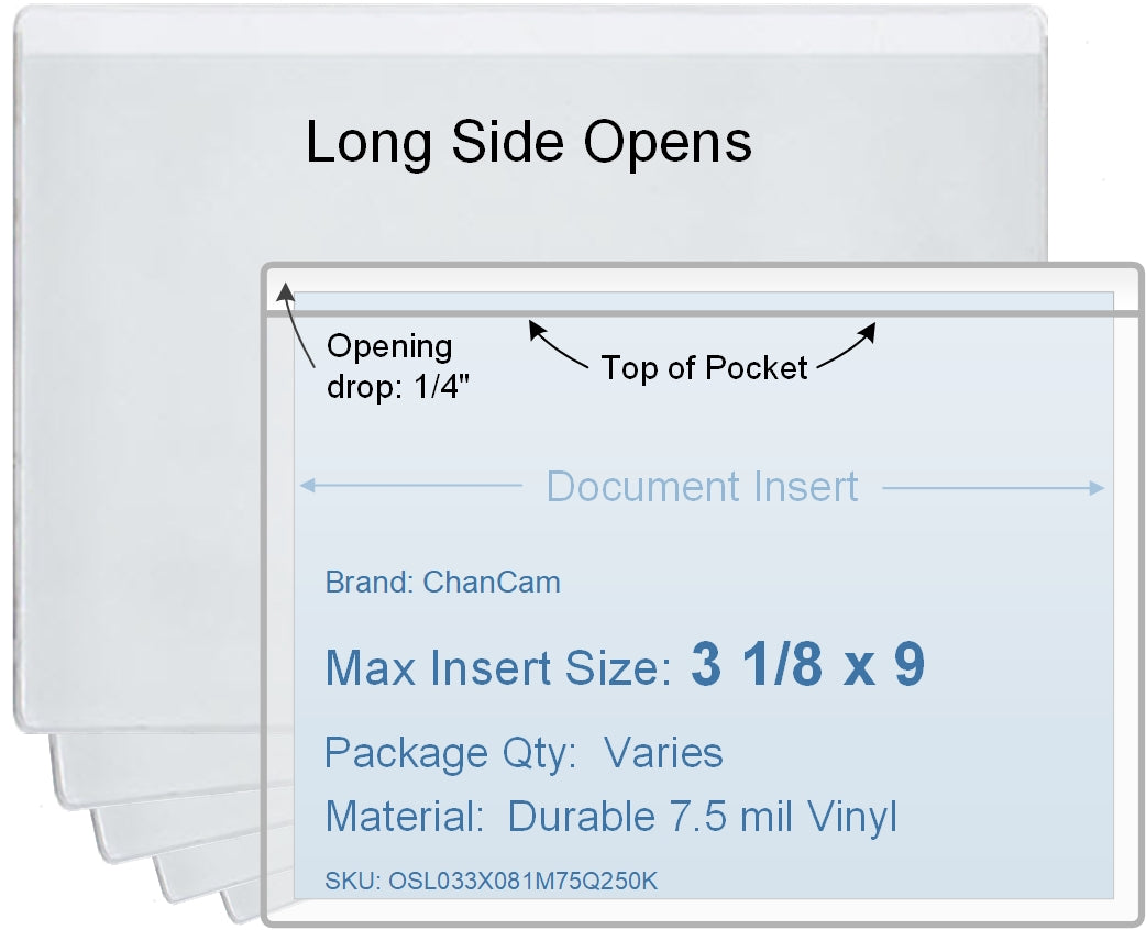 ChanCam vinyl sleeve, open long side, insert size: 9 x 3 1/8, product size: 9 1/4 x 3 3/8, package quantity 100, 7.5 mil clear vinyl