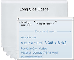 ChanCam vinyl sleeve, open long side, insert size: 6 1/2 x 3 3/8, product size: 6 3/4 x 3 5/8, package quantity 100, 7.5 mil clear vinyl