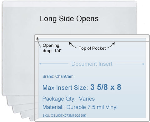 ChanCam vinyl sleeve, open long side, insert size: 8 x 3 5/8, product size: 8 1/4 x 3 7/8, package quantity 100, 7.5 mil clear vinyl