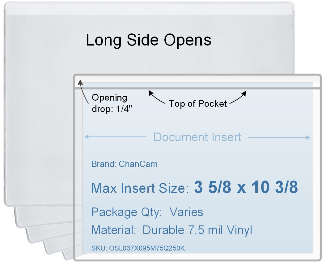 ChanCam vinyl sleeve, open long side, insert size: 10 3/8 x 3 5/8, product size: 10 5/8 x 3 7/8, package quantity 100, 7.5 mil clear vinyl