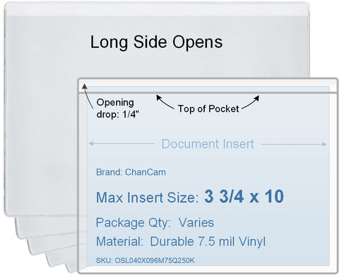 ChanCam vinyl sleeve, open long side, insert size: 10 x 3 3/4, product size: 10 1/4 x 4, package quantity 250, 7.5 mil clear vinyl