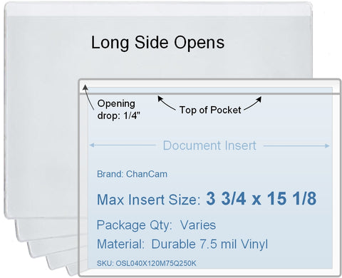 ChanCam vinyl sleeve, open long side, insert size: 15 1/8 x 3 3/4, product size: 15 3/8 x 4, 7.5 mil clear vinyl