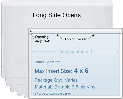 ChanCam vinyl sleeve, open long side, insert size: 6 x 4, product size: 6 1/4 x 4 1/4, package quantity 100, 7.5 mil clear vinyl