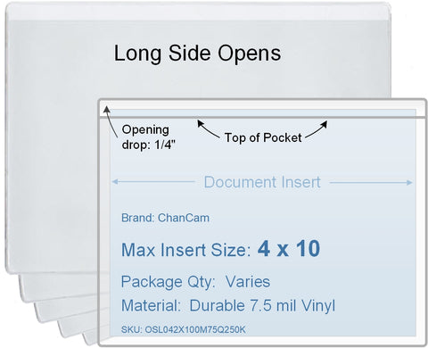 ChanCam vinyl sleeve, open long side, insert size: 10 x 4, product size: 10 1/4 x 4 1/4, package quantity 100, 7.5 mil clear vinyl