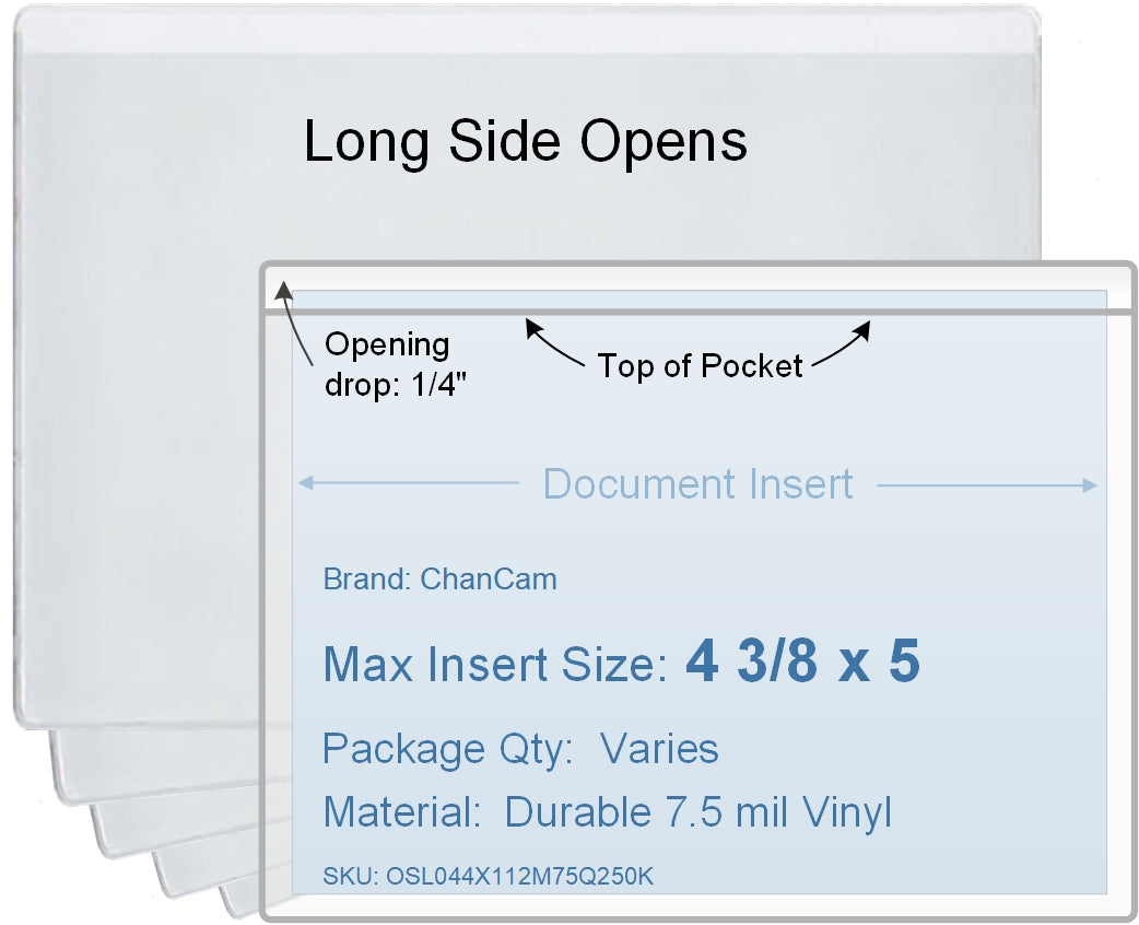 ChanCam vinyl sleeve, open long side, insert size: 5 x 4 3/8, product size: 5 1/4 x 4 5/8, package quantity 100, 7.5 mil clear vinyl