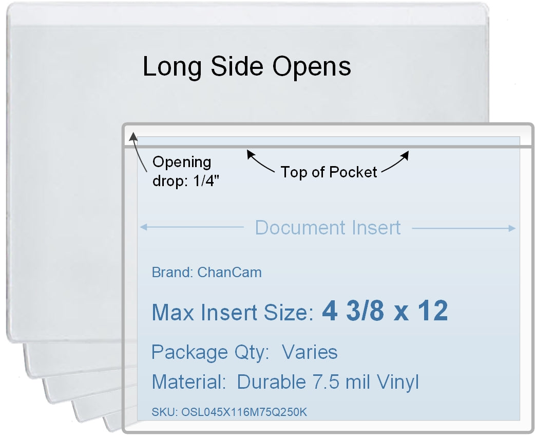 ChanCam vinyl sleeve, open long side, insert size: 12 x 4 3/8, product size: 12 1/4 x 4 5/8, package quantity 100, 7.5 mil clear vinyl