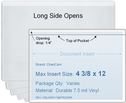 ChanCam vinyl sleeve, open long side, insert size: 12 x 4 3/8, product size: 12 1/4 x 4 5/8, package quantity 100, 7.5 mil clear vinyl