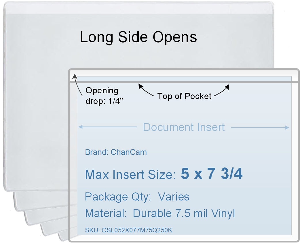 ChanCam vinyl sleeve, open long side, insert size: 7 3/4 x 5, product size: 8 x 5 1/4, package quantity 100, 7.5 mil clear vinyl