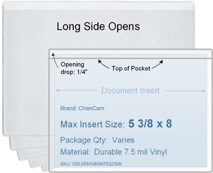 ChanCam vinyl sleeve, open long side, insert size: 8 x 5 3/8, product size: 8 1/4 x 5 5/8, package quantity 100, 7.5 mil clear vinyl