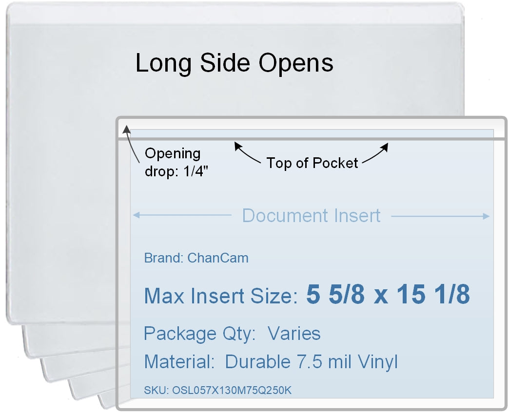 ChanCam vinyl sleeve, open long side, insert size: 15 1/8 x 5 5/8, product size: 15 3/8 x 5 7/8, 7.5 mil clear vinyl