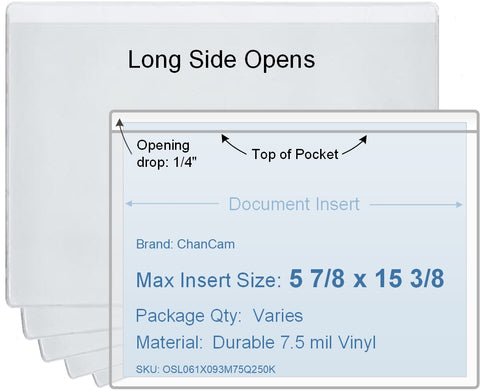 ChanCam vinyl sleeve, open long side, insert size: 15 3/8 x 5 7/8, product size: 15 5/8 x 6 1/8, 7.5 mil clear vinyl