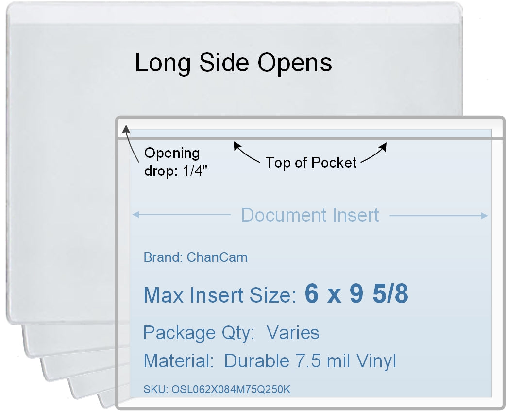 ChanCam vinyl sleeve, open long side, insert size: 9 5/8 x 6, product size: 9 7/8 x 6 1/4, 7.5 mil clear vinyl