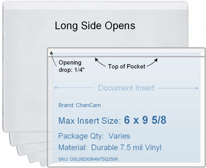 ChanCam vinyl sleeve, open long side, insert size: 9 5/8 x 6, product size: 9 7/8 x 6 1/4, 7.5 mil clear vinyl