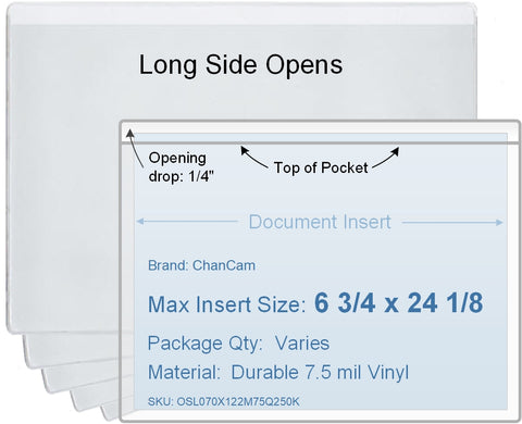 ChanCam vinyl sleeve, open long side, insert size: 24 1/8 x 6 3/4, product size: 24 3/8 x 7, 7.5 mil clear vinyl