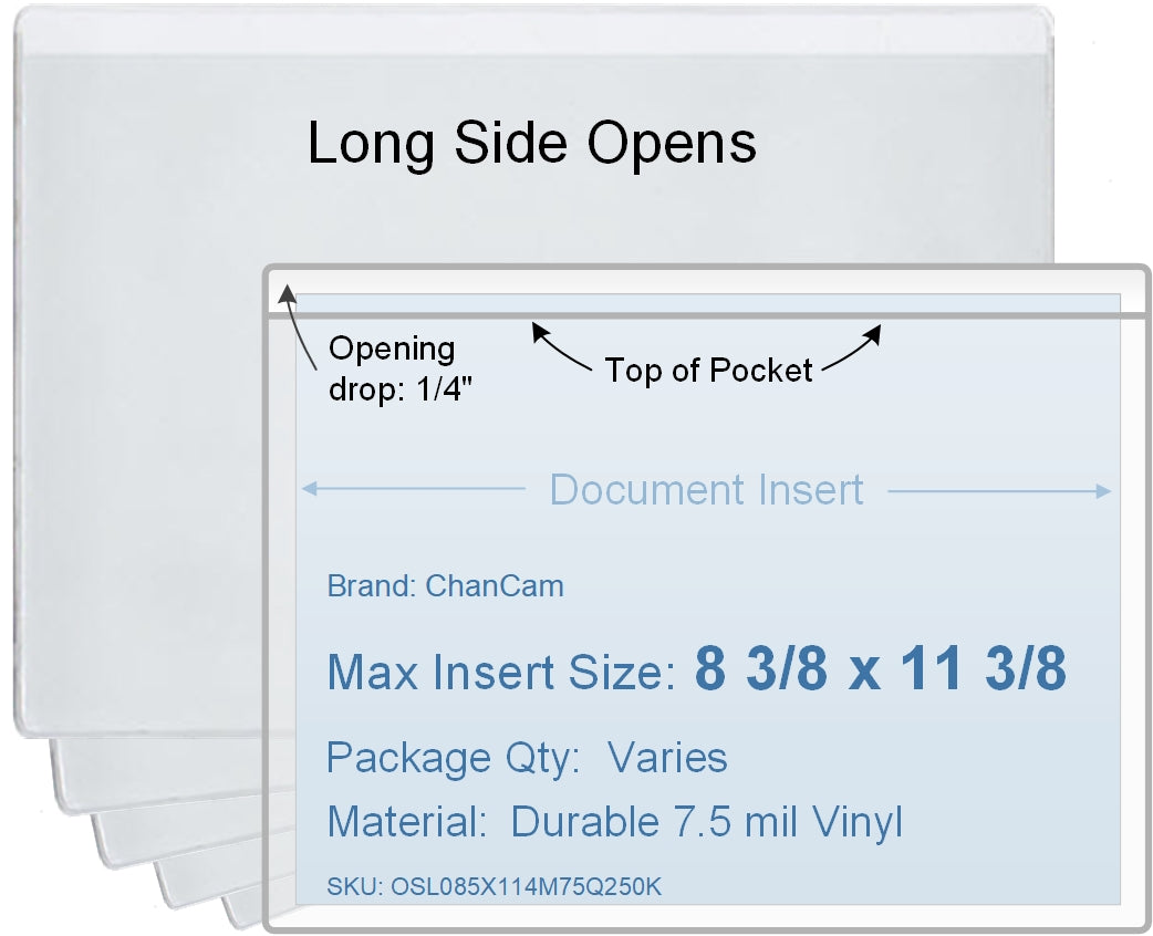 ChanCam vinyl sleeve, open long side, insert size: 11 3/8 x 8 3/8, product size: 11 5/8 x 8 5/8, 7.5 mil clear vinyl