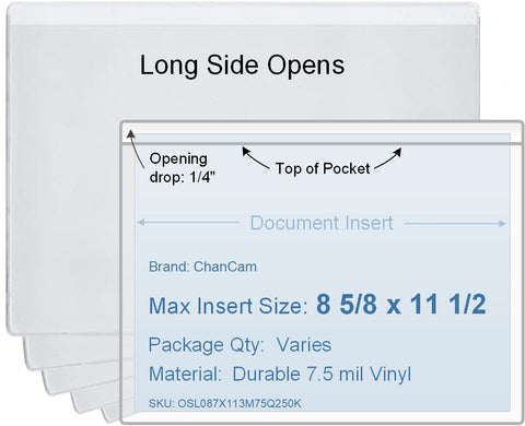 ChanCam vinyl sleeve, open long side, insert size: 11 1/2 x 8 5/8, product size: 11 3/4 x 8 7/8, 7.5 mil clear vinyl