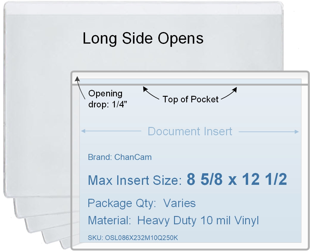 ChanCam vinyl sleeve, open long side, insert size: 12 1/2 x 8 5/8, product size: 12 3/4 x 8 7/8, package quantity 100, heavy duty 10 mil clear vinyl