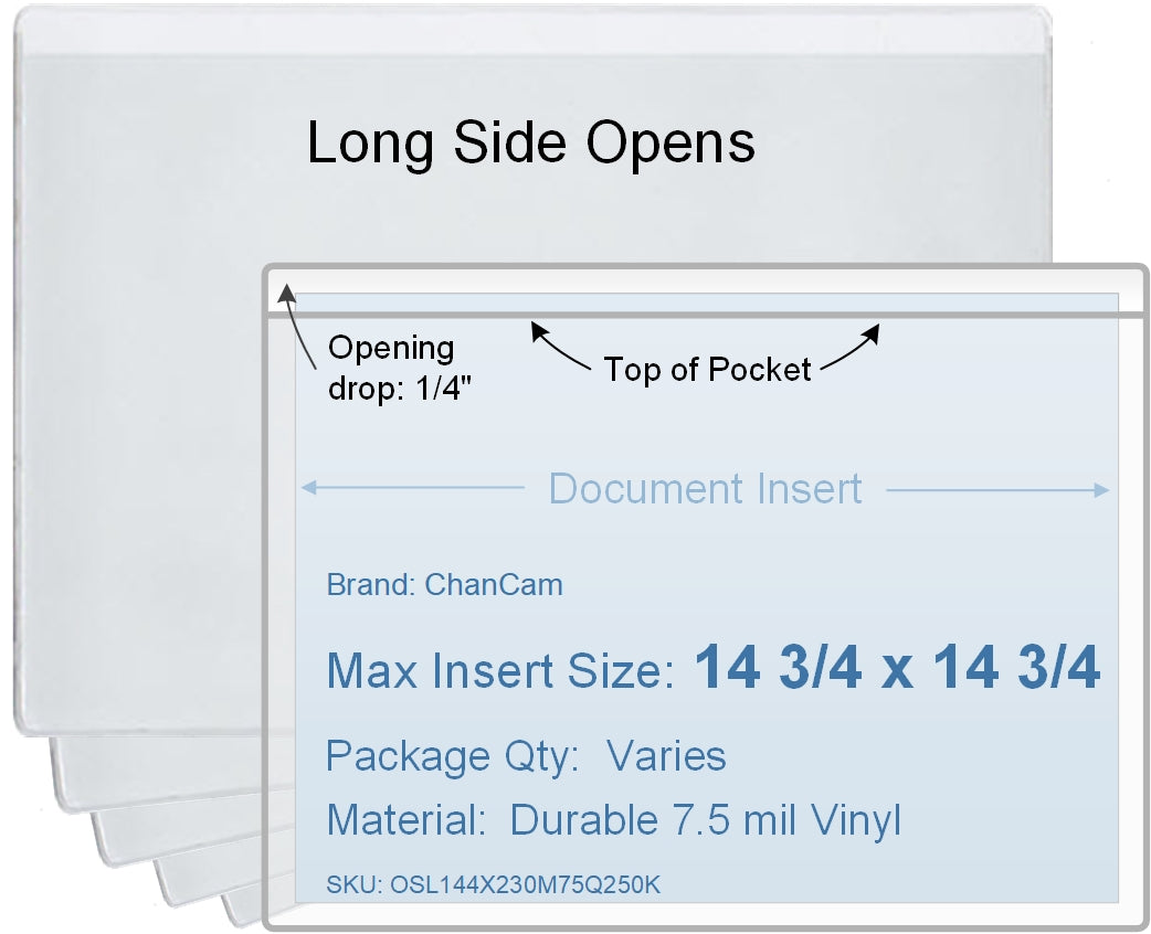 ChanCam vinyl sleeve, open long side, insert size: 14 3/4 x 14 3/4, product size: 15 x 15, package quantity 100, 7.5 mil clear vinyl